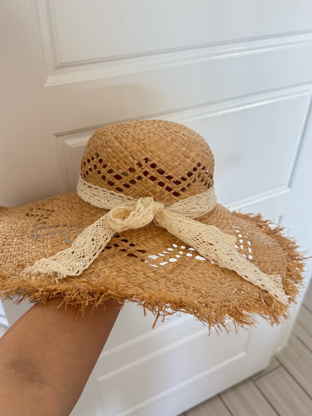 Straw Sun Hat with Crochet Ribbon - Beige